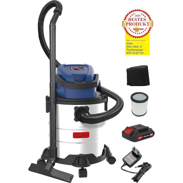 Аккумуляторный пылесос Güde NTS 18-201-05 (18 В, легкая замена энергии, контейнер 20 л из нержавеющей стали, функция выдува, шланг 2 м, в комплекте разл