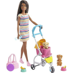 Игровой набор Barbie Dog buggy с куклой, 2 щенками и коляской для щенков, для детей от 3 лет.
