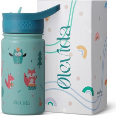 Olevida | Детская бутылка для воды из нержавеющей стали с крышкой и соломинкой | сохраняет тепло и холод, BPA Free, 400 мл (Forest Concert Blue)