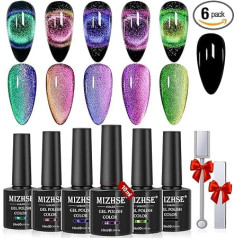 Cat Eye UV Cel Nail Polish Set 6 Colours 9D Cat Eye Gel Nail Polish Set with 2 Magnet Cateye UV Gel Chameleon Cateye Magnet UV Nail Polish Glitter Holographic Soak Gel Nail Set Manicure 10 ml