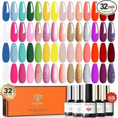 Modelones 32 шт. УФ лак для ногтей набор, 28 цветов гель лак для ногтей с базовым покрытием, матовый, глянцевый, блестки верхнее покрытие, розовая р