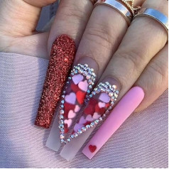 Гроб Длинные Ложные Ногти Сердце Пресс на Ногтях Стразы Stick на Ногтях Балерина Акриловые Поддельные Ногти 24pcs для Женщин и Девушек