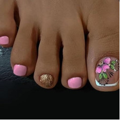 NICENEEDED Пакет из 24 блестящих цветочных ногтей для надавливания на ногти, розовые короткие квадратные искусственные ногти для нейл-арта, акри