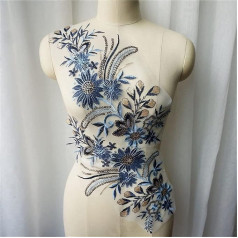 Кружево Аппликации Патчи, Вышивка Кружева, 2 Шт. Синий Цветок Блестки Кружева Ткань Вышитые Платье Аппликации Воротник Сетка Патчи для Свад