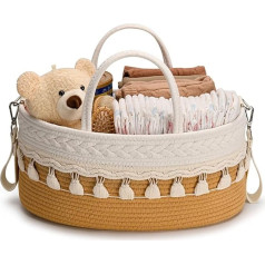 SEBRAM Baby Changing Table Organiser - Boho Cotton Rope Changing Basket, Nappy Organiser Caddy & Nappy Basket with Insulated Pockets and Carry Strap (Brown)