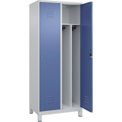 C + P Möbelsysteme C+P | Schwarz-Weiß-Spind Classic Plus | schmal | 2 Abteile | Trennwand verkürzt | lichtgrau/fernblau | B 800 mm | mit Füßen | Zylinderschloss | Trennwand mittig