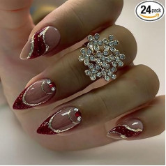 24 Шт. Французский Пресс На Ногтях Короткий Миндаль Искусственные Ногти Блеск Красный Край Nude Розовый Ногти для Наклеивания Блеск Золото Кл
