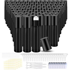 150 Stück Rollerflaschen für ätherische Öle, auslaufsicher, leere Glasflaschen mit Edelstahl-Rollkugeln mit 20 Trichtern, 20 Pipetten, 5 Öffner, für Reisen, Parfüm, ätherisches Öl, Schwarz