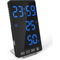DollaTek Smart Mirror LED Clock Decorative Phone Charger Alarm Clock 4-Level Brightness Digital Clock with Weather Temperature Display - Black Shell and Blue Digital Display