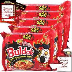 Asiafoodland Samyang Buldak Ramen Set, 2 х острая, дважды горячая лапша с курицей из Южной Кореи, с карточкой рецептов, упаковка из 5 (5 x 140 г)