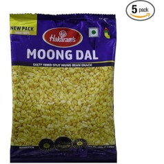 Haldirams Moong Dal Plain 5 x 200 г - Хрустящая чечевичная закуска, слабосоленая - индийская закуска, богатая белком, клетчаткой, здоровая закуска, веганск