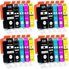 20 картриджей для принтера с чипом и индикатором уровня, совместимых с Canon PGI-520 / CLI-521 (4x черный, 4x фоточерный, 4x голубой, 4x пурпурный, 4x желтый)