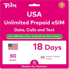 USA eSIM 18 дней безлимитной высокоскоростной передачи данных, местных звонков и SMS в сети T Cellular (включая Гавайи). Никакого ожидания пакета. Полу