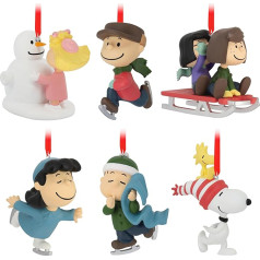 Hallmark Peanuts Ornaments Collectable, 6 Pack Peanuts Aisle Winter Activities Figures, Hanging Ornaments, Snoop, Wooden Stick, Charlie Brown, Christmas
