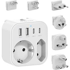 Адаптер для путешествий по всему миру, универсальная вилка для путешествий с 2 USB A и 2 USB C, 6 съемных адаптеров для международных розеток для 