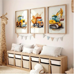 Uixxducc Набор из 3 картин, плакаты, детская комната, строительные машины, строительные машины, экскаватор набор картинок, мальчики, девочки нас