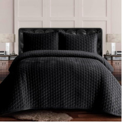 Tribeca Living Velvet Queen Quilt 3 Piece Honeycomb Bedding Set Includes One Oversized Quilt and Two Pillow Shams 260gsm Super Soft Velvet Lugano/Black