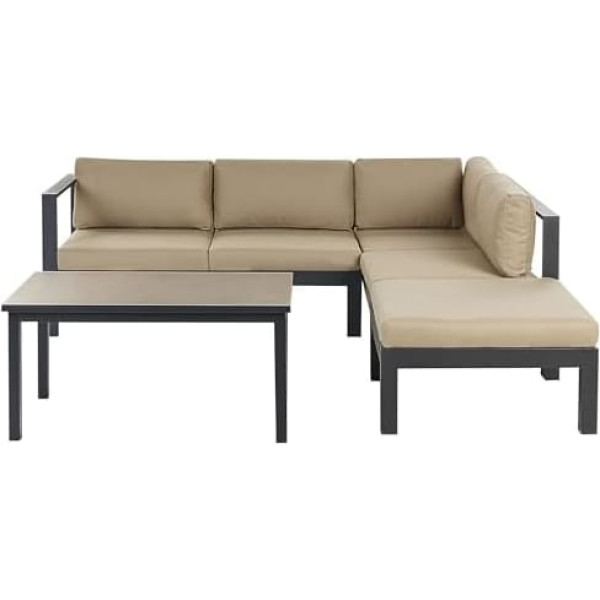 Beliani Messina Lounge Set Black Aluminium Corner Sofa Cushions Sand Beige Table Ottoman
