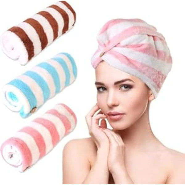 Mikrofaser-Handtuch für Damen, schnell trocknend, für alle Frisuren, Anti-Frizz, großes Haartuch mit Knopf, 3 Stück