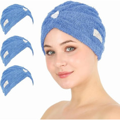 HALLEY Cotton Hair Towel Wrap - 3 Packs Super Absorbent, Anti Frizz Fast Drying Hair Towel for Curly Long Thick Hair - Hair Turbans for Wet Hair with Button - Hair Plopping Towel (Blue)