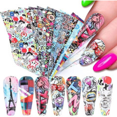 Nail Art Stickers Nail Foils Starry Sky Foil Transfer Nail Art Decals Snake Skin Flowers Lips Heart Letters Nail Art Design for Women Girls Manicure Decor Acrylic Nails Supplies (10 Sheets)