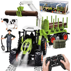 BuzzoXerex Дистанционно Управляемый Трактор 1:16 RC Трактор с прицепом и светом, 2.4 ГГц Трактор Игрушка со стволами деревьев, коровой и тюками сена,