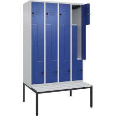 C + P Möbelsysteme C+P | Z-Spind Classic Plus Sitzbank | 4 Abteile | lichtgrau/enzianblau | B 1200 mm | Sicherheits-Drehriegel | untergebaut | Kunststoff