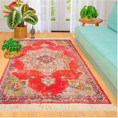 Mandala Life Art Moroccan Modern Red Pink Vintage Area Rug with Fringes - Digital Print Cotton - Bohemian Tapestry Carpet - Decorative Accent Piece for You Living Room, Bedroom