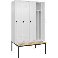 C + P Möbelsysteme C+P | Schwarz-Weiß-Spind Classic Plus Sitzbank | schmal | 4 Abteile | Trennwand verkürzt | verkehrsweiß | B 1200 mm | Sicherheits-Drehriegel | untergebaut | Buche-Hartholz
