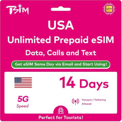 USA eSIM 14 дней безлимитной высокоскоростной передачи данных, местных звонков и SMS в сети T Cellular (включая Гавайи). Никакого ожидания пакета. Полу