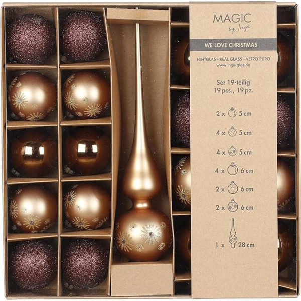 Magic by Inge Christmas Baubles Set 19 Pieces Elegant Lounge with Christmas Tree Topper and Baubles, Christmas Tree Decorations Glass