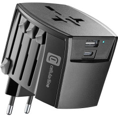 cellularline - многоразъемный адаптер для путешествий - порт USB 18W - порт USB-C 20W - входное напряжение 100-240V - номинальная мощность max 240V-600W - вход EU/UK/AUS/US