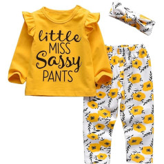 Комплект одежды для девочки из 3 частей, с длинными рукавами, топ с буквами, повседневные брюки и повязка на голову, желтый, 9-12 месяцев, желты