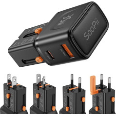 SooPii Gan USB C Charger 35W, 2 Port PD PPS QC Universal Travel Adapter Worldwide, All-in-One Travel Adapter with US-UK-EU AU Socket Adapter for Galaxy S25/S24/Note 20, iPhone 16/15/14, iPad, Pixel