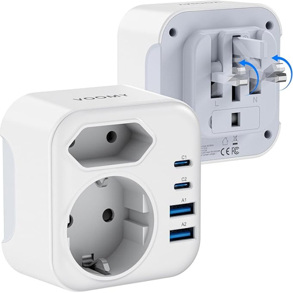 Voomy Travel Adapter Type G - адаптер для путешествий Англия Германия с 2 USB-C и 2 USB-A, складной, из огнестойких материалов 3250 Вт, для Ирландии, Шотландии, Ма