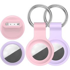 4 Stück Hülle kompatibel mit Apple AirTag Halter, 2 Schlüsselanhänger + 2 sichere Schutzfolien in Pin-Stil, langlebiges Silikon, Anti-Verlust, stoßfest, GPS-Abdeckung für Kinder (Pink/Purple)