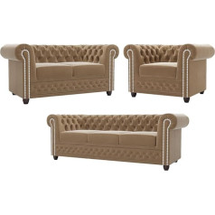 ‎S-Style Möbel S-Style Möbel Sofa Set 3 Seater 2 Seater Both with Sleep Function Armchair Couch 3 Pieces Freestanding Solid Wood Feet Brown Velvet Fabric Elegant Quilted Silver Metal Studs York Beige