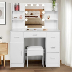 Dradaomull Туалетный столик с зеркалом с подсветкой, туалетный столик с 5 ящиками и 6 полками, туалетный столик с раздвижным зеркалом для спальни