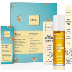 Onsen Secret Japanese Nail File Buffer and Shine Kit - Professional Nail File, 3-Way Nail Buffer Block w/Free Replacement Pads & Nail Strengthening Reboot Oil for Healthy Nails, Nail Reboot Kit, 1