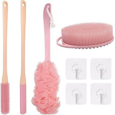 ZOCONE Back Scrubber Shower Sponge Brush Set, Includes 1 Shower Loofah Brush, 1 Silicone Body Scrubber, 2 Toe Split Cleaning Brush, 4 Hooks, Body Scrubber with Long Handle, Bath Brush for Women