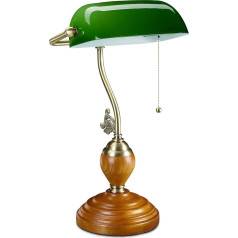 Relaxdays Banker Lamp with Pull Switch, опрокидывающийся стеклянный абажур, деревянное основание, ретро-дизайн, розетка E27, настольная лампа, зеленый, 10034424, 45