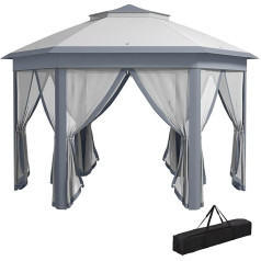 Outsunny Garden Gazebo Folding Gazebo 4 x 4 m Pop-Up Tent Party Tent with Carry Bag 6 Side Panels Double Roof Hexagonal Grey