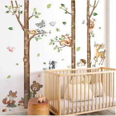 Наклейка на стену для детской комнаты Birch Tree Large Wall Sticker Forest Animals Bear Fox Wall Sticker Nursery Bedroom Baby Room Wall Decoration (H : 63 Inches / 160 cm)