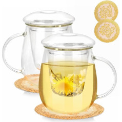 Набор из 2 стеклянных чайных чашек 500 мл, чашка со стеклянным фильтром и стеклянной крышкой, с элегантной подставкой из ПВХ, чайная чашка под