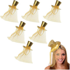 I LOVE FANCY DRESS Ladies Gold Glitter Top Hat - Pack of 6 - Mini Sequin Cylinder with Attached Fascinator Veil - Christmas Costume Accessories