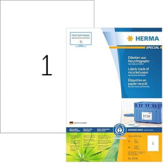 HERMA 10738 Этикетки из вторсырья, 80 листов, 210 x 297 мм, 1 на лист A4, упаковка 80, самоклеящиеся, печатные, матовые, пустые этикетки из переработанной 
