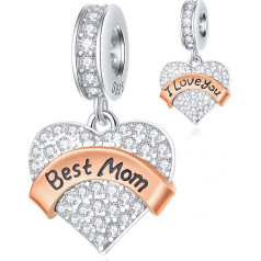 CRISNATA Семья Тема Pave Сердце Подвеска Charms с Clear CZ, 925 Стерлингового Серебра Розовое Золото Band Бусины, Подходит Европейский Браслет День Матери, 