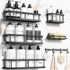 YASONIC Shower Shelf No Drilling Pack of 6 Large Capacity Bathroom Organiser, Shower Shelf No Drilling with Soap Holder and 12 Hooks, Rustproof Shampoo Holder for Shower, Shower Holder, Black
