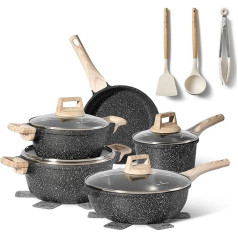 Just Perfecto Induction Pot and Pan Set - Pan Set with Lid - Induction Pots and Pans Set without PTFE and PFOA - Induction Cooking Pot Set (14-Piece Black)