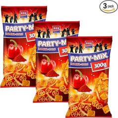 XOX Party Mix 300 г, Пшеничная кукурузная закуска со вкусом перца, веганские хрустящие чипсы 300 г (Party Mix, упаковка из 3)